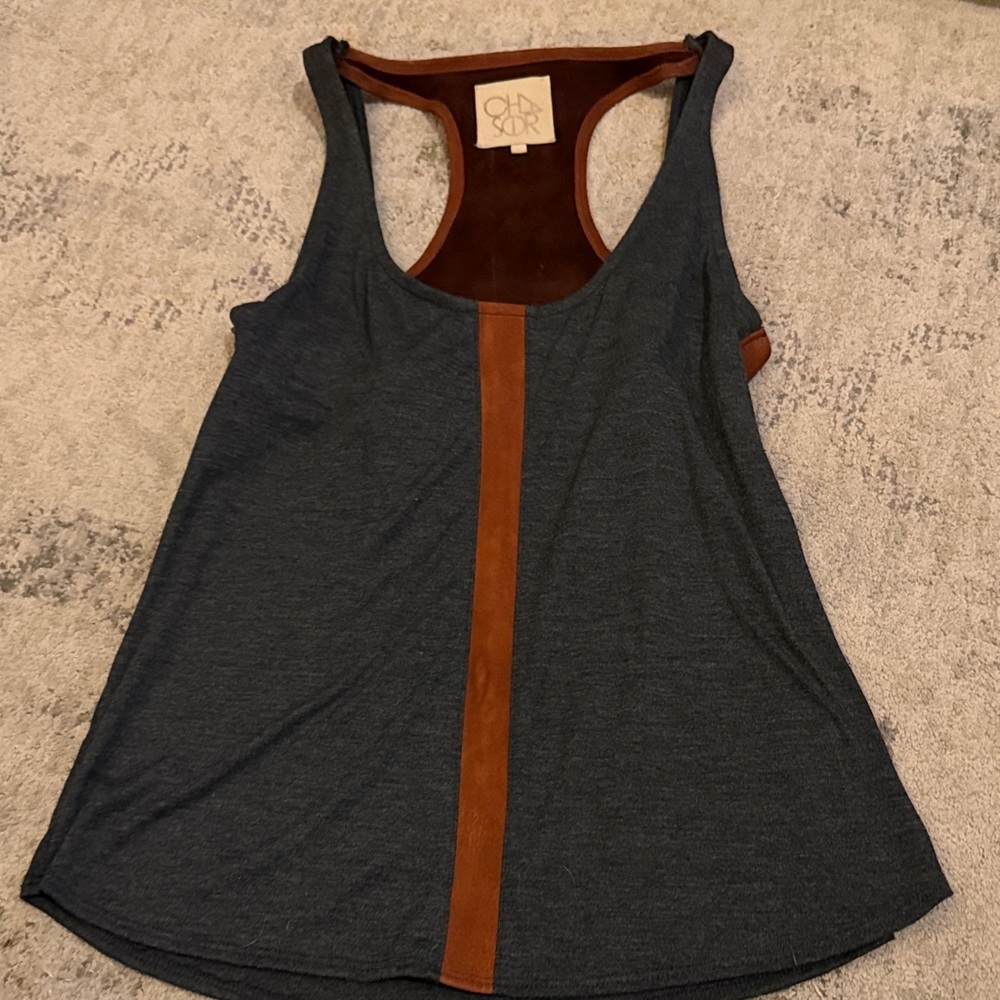 Chaser Racerback Tank Small | Real Leather Stripe | Gray & Rust Accent Top